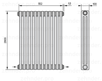 Схема (чертеж) Радиатор Zehnder Charleston 3280/12 №2670 Белый глянцевый RAL 9016